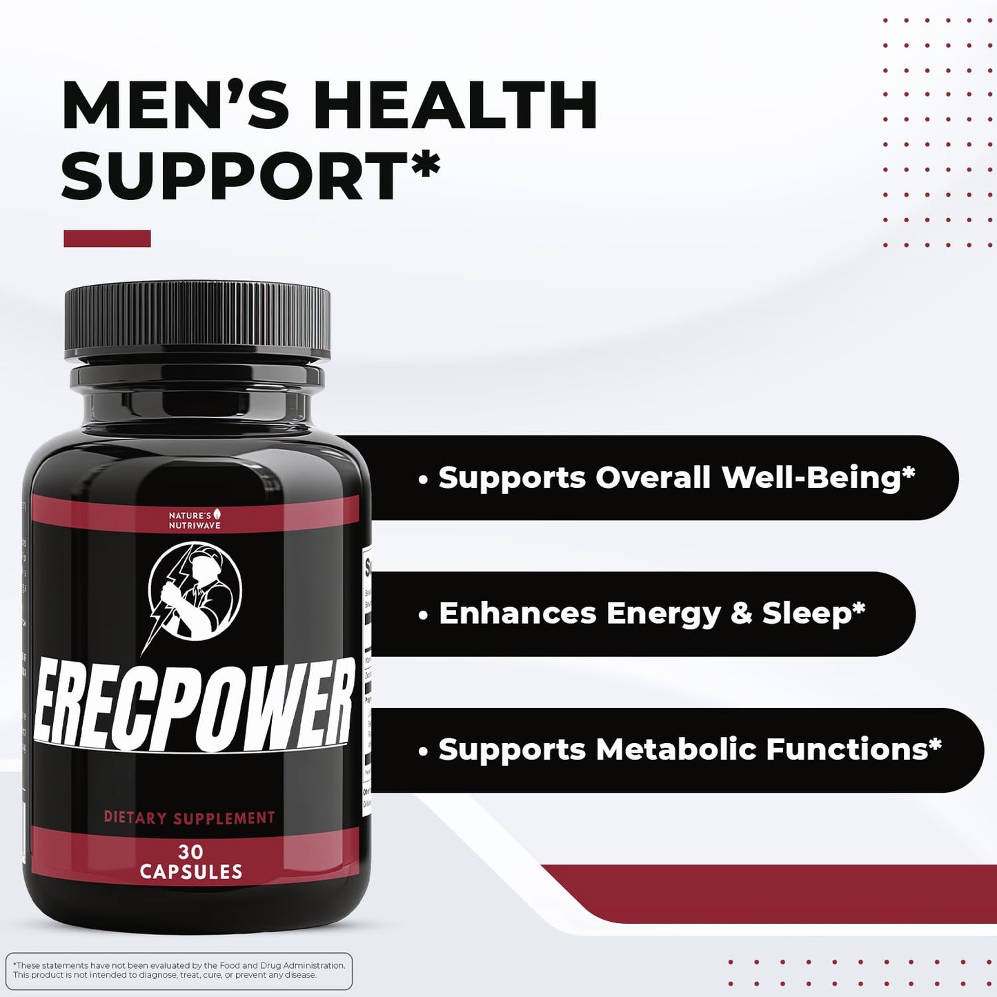 Nature’s NutriWave ErecPower – 100% Natural Men’s Wellness Supplement with Niacin, Zinc & Herbal Blend - Made in USA – 30 Capsules, 3 Month Supply Nature’s NutriWave