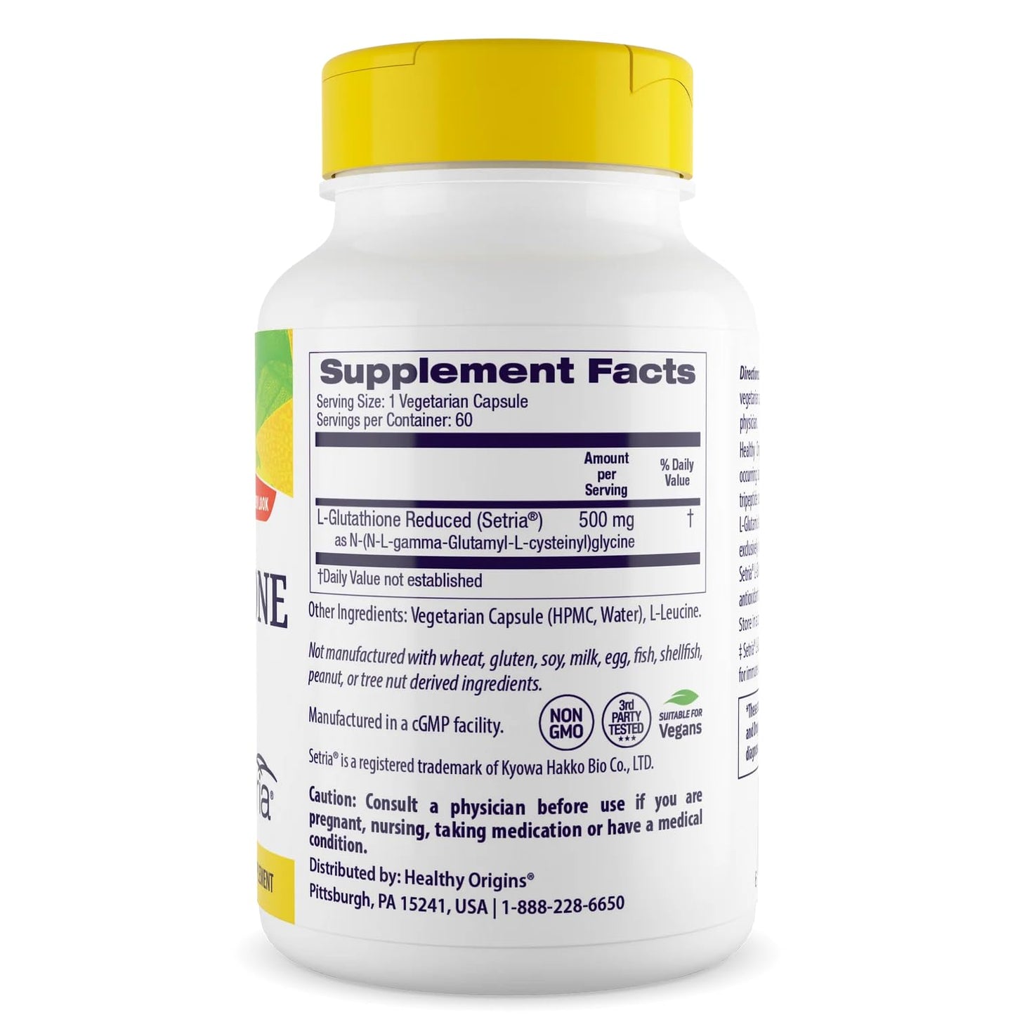 Healthy Origins L-Glutathione 500 mg (Setria, Non-GMO, Gluten Free, Antioxidant, Immune Support, Skin Support), 60 Veggie Caps Healthy Origins