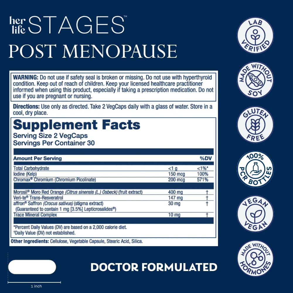 SOLARAY Postmenopause her Life Stages - Post Menopause Supplements for Women with Resveratrol - Vegan and Made Without Hormones - 60-Day Guarantee - Vegan, Lab Verified - 30 Servings, 60 VegCaps SOLARAY