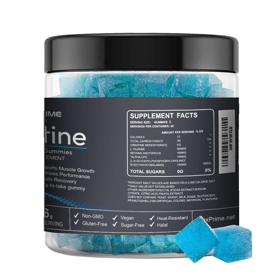 FlexPrime Creatine Gummies Sugar Free - 6g Creatine Monohydrate + L-Taurine, Alpha GPC, Betaine | Vegan Halal Blueberry Chews for Lean Muscle, Strength, Brain Health | Men Women 90 Count FlexPrime