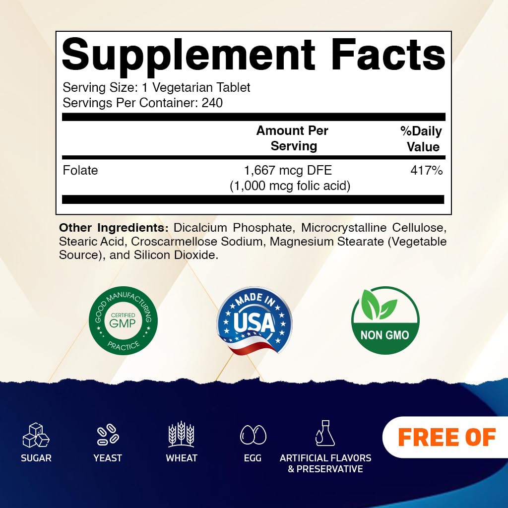 Vitamatic Folic Acid 1000 mcg (1 mg) - Vegetarian Tablets - 1667 mcg DFE - Vitamin B9 (240 Count (Pack of 1)) Vitamatic