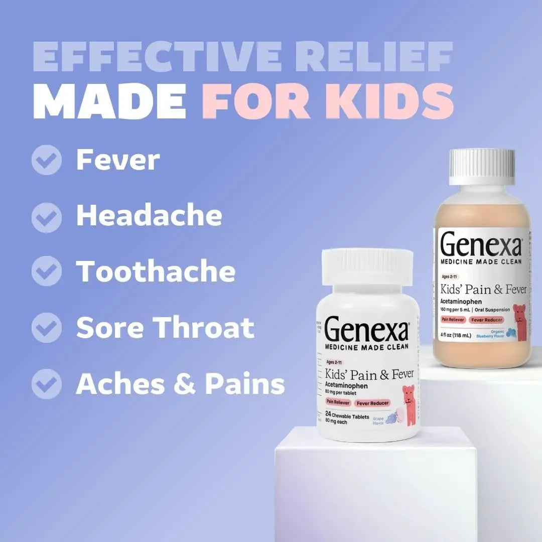 Genexa Kids' Clean Pain & Fever Acetaminophen Bundle | Relieves Fever & Minor Aches and Pain | Dye Free, 0% Artificial Additives | Chewable Tablets & Liquid Oral Suspension for Children Aged 2-11 Genexa
