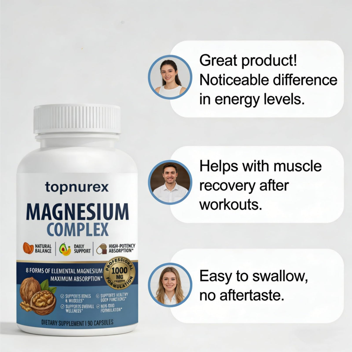 Topnurex Magnesium Complex for Women & Men - 1000mg High Absorption, 8 Essential Magnesium, 90 Capsules Topnurex
