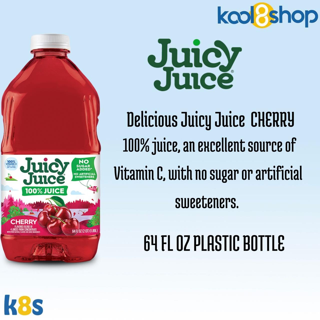 Juicy Juice Cherry 100% Juice Vitamin C No Sugar Added 64 fl oz Plastic Bottle 4 Pack + 15 Sugarcane Disposable Straws by KOOL8SHOP Infinite Deals Juicy Juice