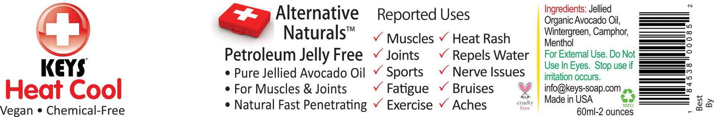 Keys Heat Cool Vegan, Chemical-Free, All Natural Therapy for Muscle Aches, Joints, and Sports Injuries made with Pure Organic Avocado Oil, Camphor, Menthol, and Wintergreen, No Petrolatum, 2 ounces Keys