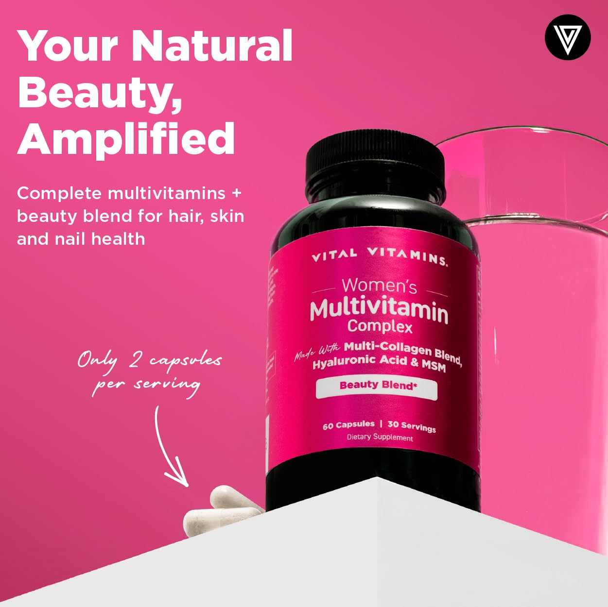 Vital Vitamins Women's Multivitamin Complex - Made with Multi-Collagen Blend, Hyaluronic Acid, & MSM - Beauty Multivitamins - with Vitamin A, C, E, B6, B12, D3-60 Capsules Vital Vitamins