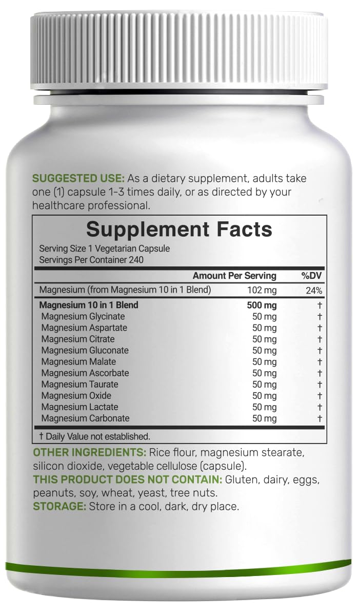 Magnesium Complex 500mg, 240 Veggie Capsules – 10-in-1 Glycinate, Citrate, Malate, Oxide, & More – 100% Chelated for Easy Absorption – Essential Mineral Supplement – Non-GMO DEAL SUPPLEMENT