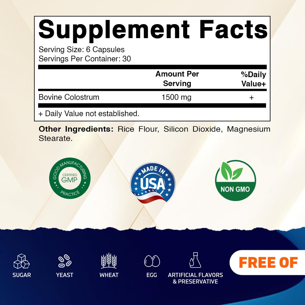 Vitamatic Bovine Colostrum 30% IgG Supplement 1500 mg per Serving - Supplement for Gut Health, Hair Growth, Beauty, Muscle Recovery, & Immune Support - 180 Veg Capsules Vitamatic