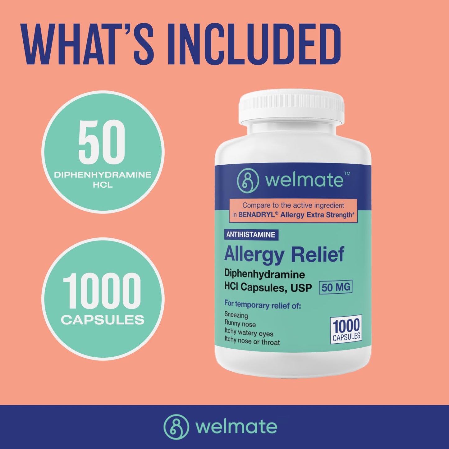 WELMATE Allergy Relief - Diphenhydramine 50 mg - 1000 Count Capsules - Antihistamine - Allergy & Cold Symptoms - Sneezing, Runny Nose, Itchy Eyes & Throat WELMATE
