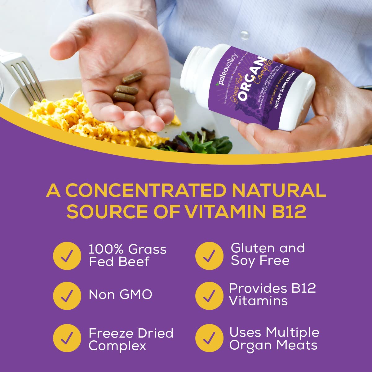 Paleovalley Grass Fed Beef Organ Complex - Freeze-Dried Beef Liver, Heart, and Kidney Blend, 1 Bottle Paleovalley