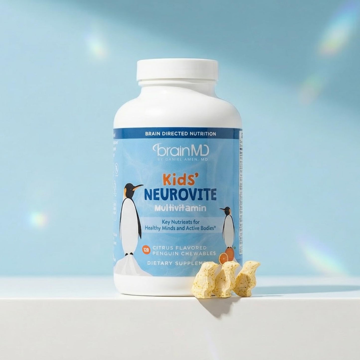 BRAINMD Dr Amen Kids’ NeuroVite, Orange Flavor - 120 Penguin-Shaped Chewables - Multivitamin & Mineral Supplement - Promotes Healthy Development & Growth - Gluten Free - 60 Servings