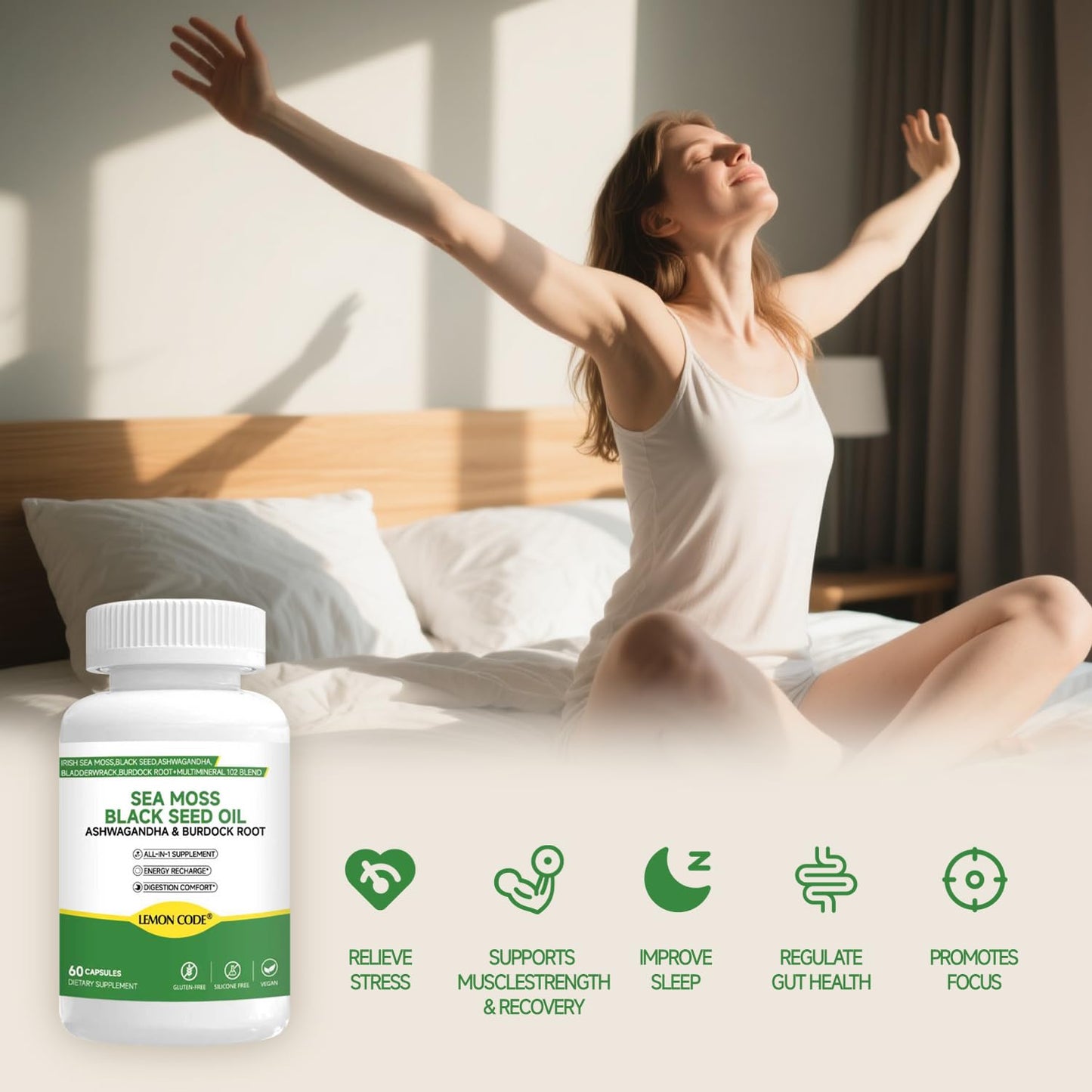 LEMON CODE Sea Moss & Black Seed Oil Capsules with Burdock & Bladderwrack & Ashwagandha, Vitamin C&D,Natural Herbal Complex for Daily Balance, Energy & Digestive Support, Vegan, Non-GMO, 60 Capsules LEMON CODE