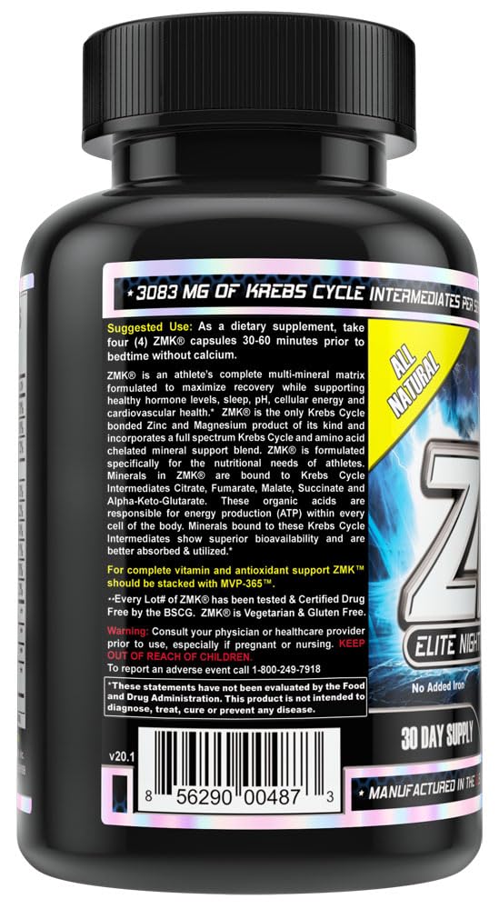 MST ZMK (Zinc & Magnesium as Krebs Chelates (as Citrate, Fumarate, Malate, Succinate, Alpha-Keto-Glutarate. With Mineral Support Blend & Trace Minerals. Support ATP, Sleep, Muscle Recovery, 120 V Caps MST