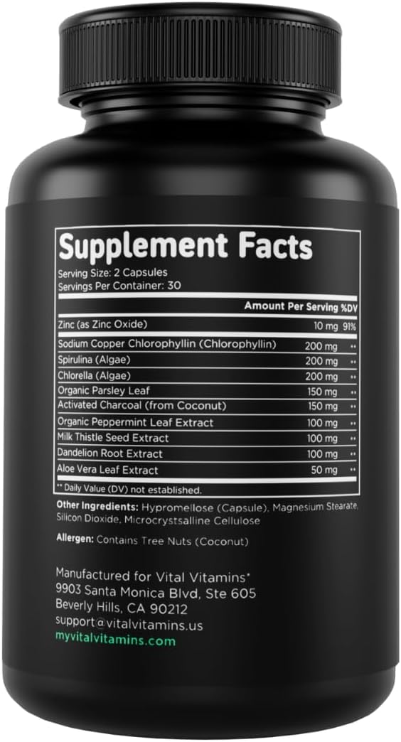 Vital Vitamins Chlorophyll Pills with Spirulina, Chlorella & Charcoal | Detoxifies & Freshens from Within, Natural Body Deodorizer, Superfood Complex for Women & Men, 60 Capsules Gsupps Australia