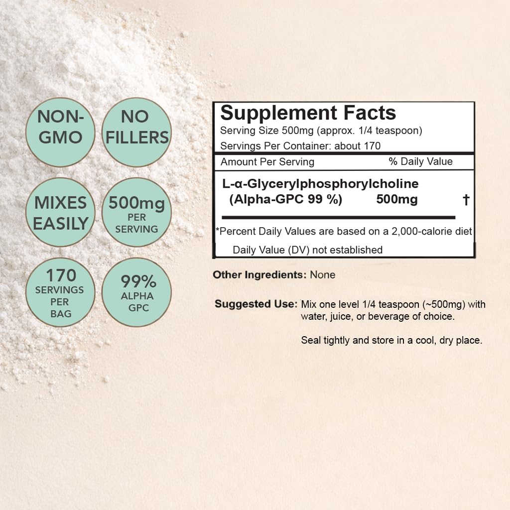 Xalya Alpha GPC Supplement, Alpha GPC Powder 99% Purity (Extra Strength) 500mg per Serving, Unflavored, Natural Choline Supplement - 3rd Party Tested -170 Servings, 3 Ounce Xalya