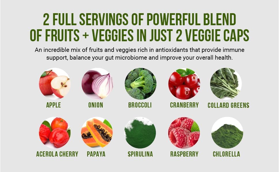 InnoSupps Full Spectrum Reds & Greens Superfood Capsules – Fruit & Vegetable Blend with Spirulina & Chlorella, Antioxidant Immune & Gut Health Support Supplement