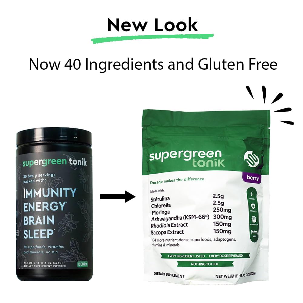 SUPERGREEN TONIK 100% Natural Greens Superfood Powder – Daily Supplement with 40 Superfoods, Vitamins and Minerals – Supports Energy, Stress and Immunity – 30 Days 360 Grams Berry Flavor (1 Bag) SUPERGREEN TONIK