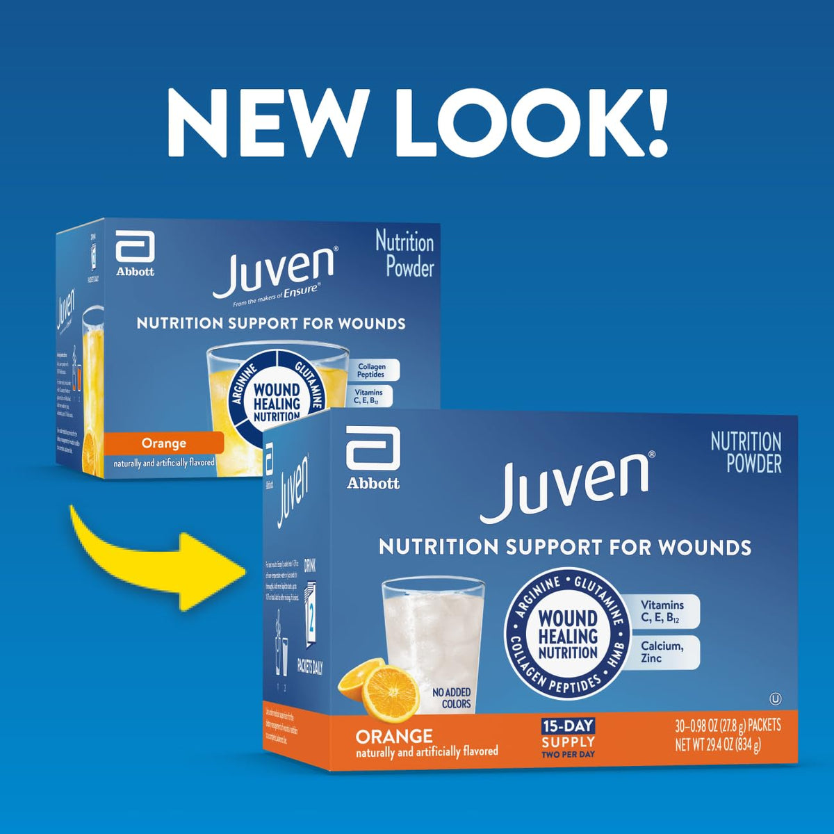 Juven Therapeutic Nutrition Drink Powder Including Collagen Peptides, Amino Acids, and HMB for Wound Healing Support, Orange, 30 Packets Juven