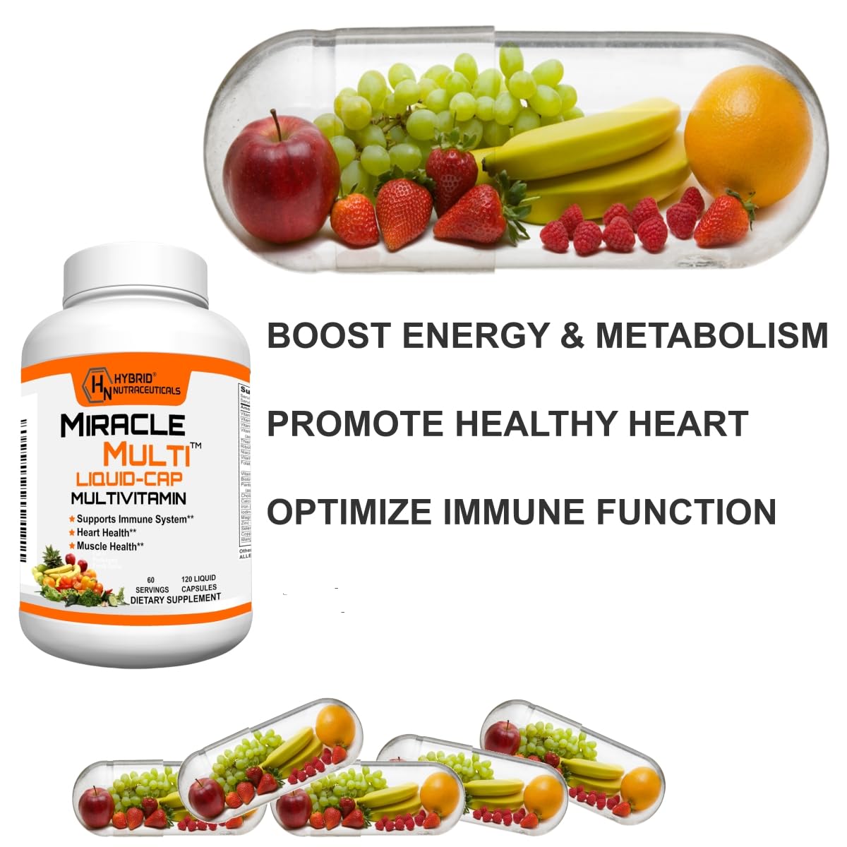 MiracleMulti Liquid Multivitamin Capsules for Men & Women - Complete Whole Food Blend Daily Vitamin & Mineral Supplement with CoQ10, B12, 42 Superfood Enzyme - 120 Softgels Hybrid Nutraceuticals