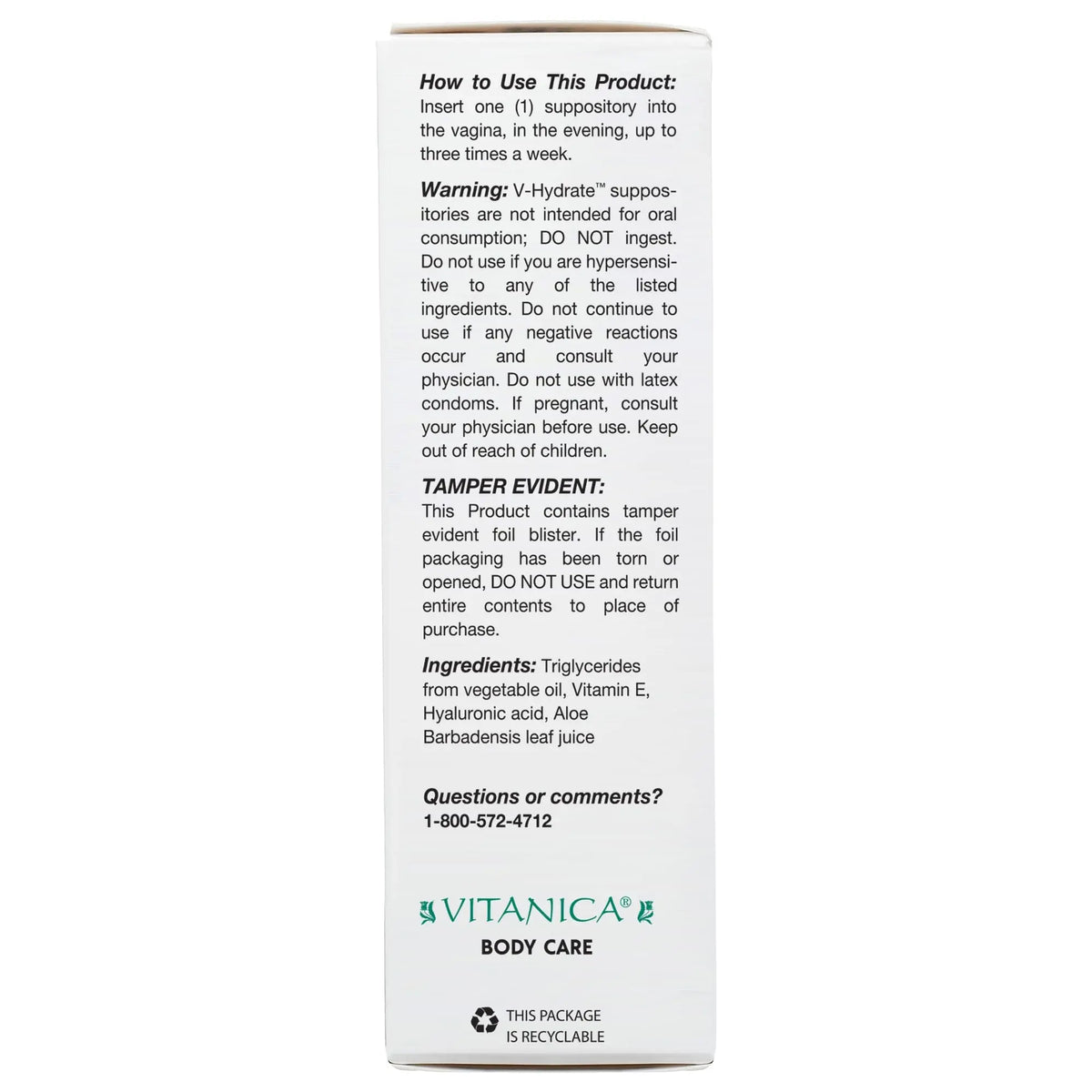 Vitanica V-Hydrate, Hyaluronic Acid Vaginal Suppositories for Comfort and Vaginal Hydration with Aloe Vera and Vitamin E, Hormone-Free & Drug-Free, Vegan, 2 Month Supply, 24 Count Vitanica