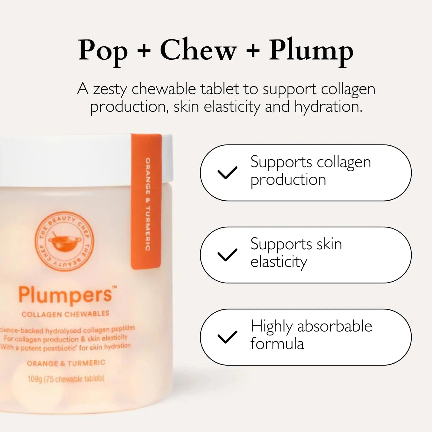 The Beauty Chef Plumpers™ Collagen Chewable Tablets with Hyaluronic Acid & Postbiotic, Supports Skin Elasticity & Collagen, Women's Multivitamin, Collagen Peptides, 75 Tablets (Orange & Turmeric) The Beauty Chef