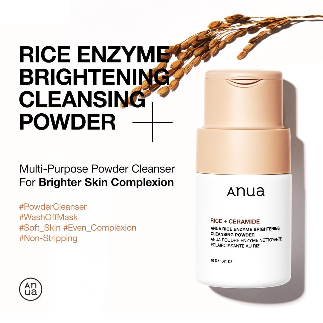 ANUA Rice Enzyme Brightening Cleansing Powder, Exfoliating Powder-to-Foam Cleanser, Smooth Texture & Clarity ANUA