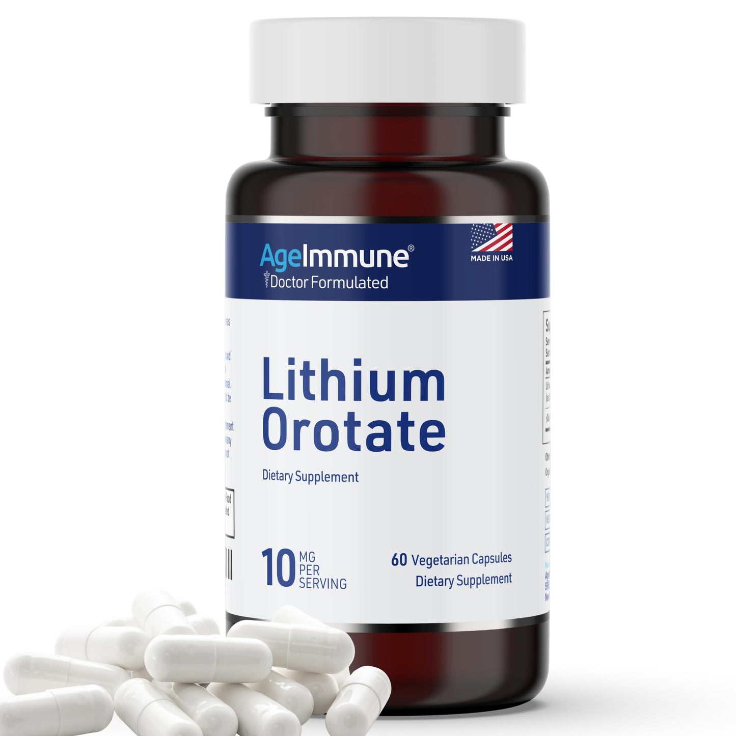 Lithium Orotate 10mg per Capsule - 60 Vegetarian Capsules. Memory and Emotional Wellness Support - Magnesium Stearate Free AgeImmune