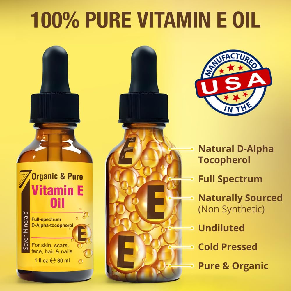 Seven Minerals Ultra Pure Vitamin E Oil - Full-Spectrum D-Alpha Tocopherol, 1 Fl Oz - 100% Organic Vitamin E Oil for Skin Seven Minerals