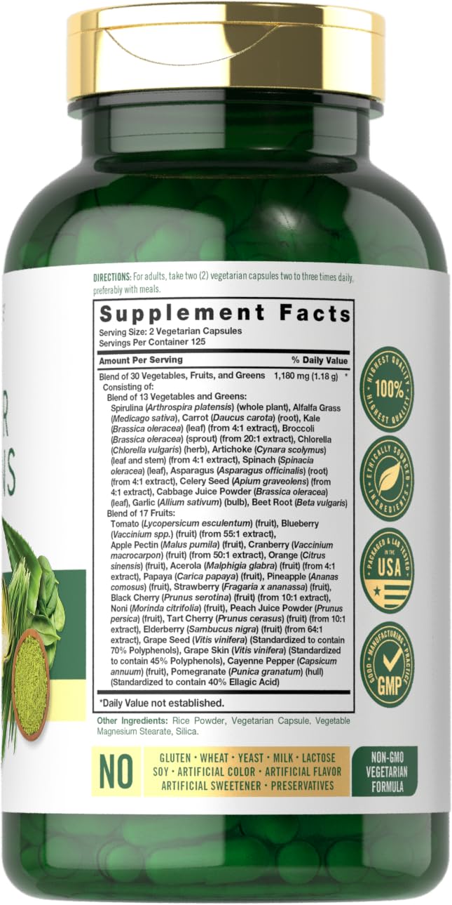 Carlyle Super Greens Capsules | 250 Count | Blend of 13 Vegetables and Greens Plus 17 Fruits | Non-GMO & Gluten Free Supplement Carlyle