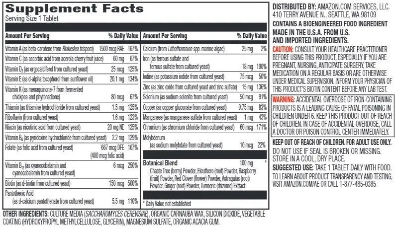 Amazon Elements Women’s One Daily Multivitamin, 59% Whole Food Cultured, Vegan, 65 Tablets, 2 month supply Amazon Elements