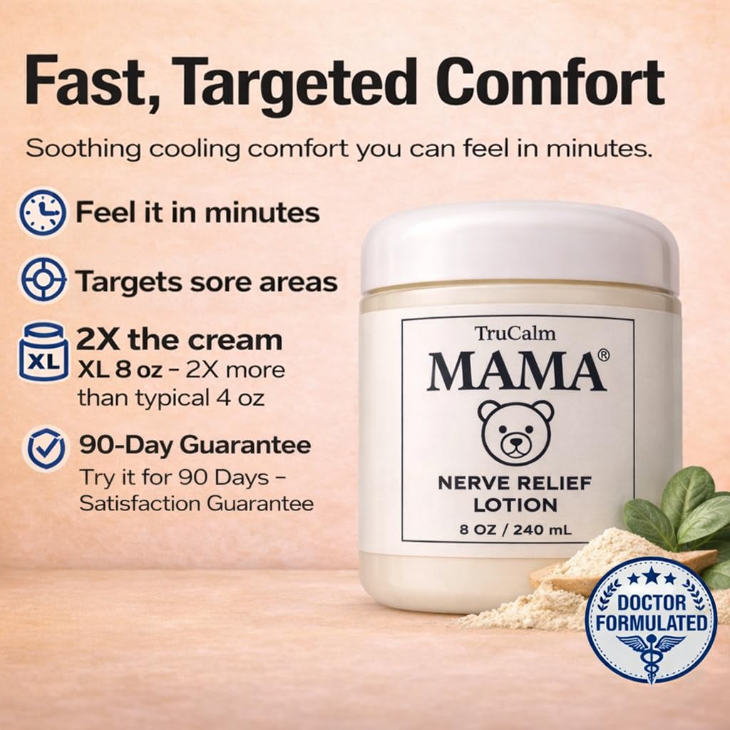 Mama Lotion – Neuropathy Nerve Relief Cream with Magnesium Chloride - Maximum Strength Comfort for Feet, Hands, Legs, Toes - Fast-Absorbing and Non-Greasy Formula for Food and Leg Comfort - 8 Oz TruCalm Mama