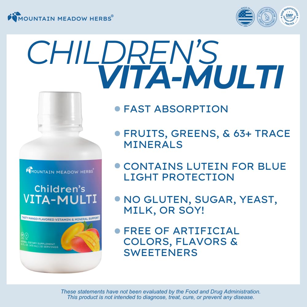 Mountain Meadow Herbs Children's Vita-Multi: Blended Vitamin & Mineral Supplement - Fast Absorbing Liquid Kids Vitamins with Fruits, Greens, and Eye-Protecting Lutein (16 oz.) Mountain Meadow Herbs