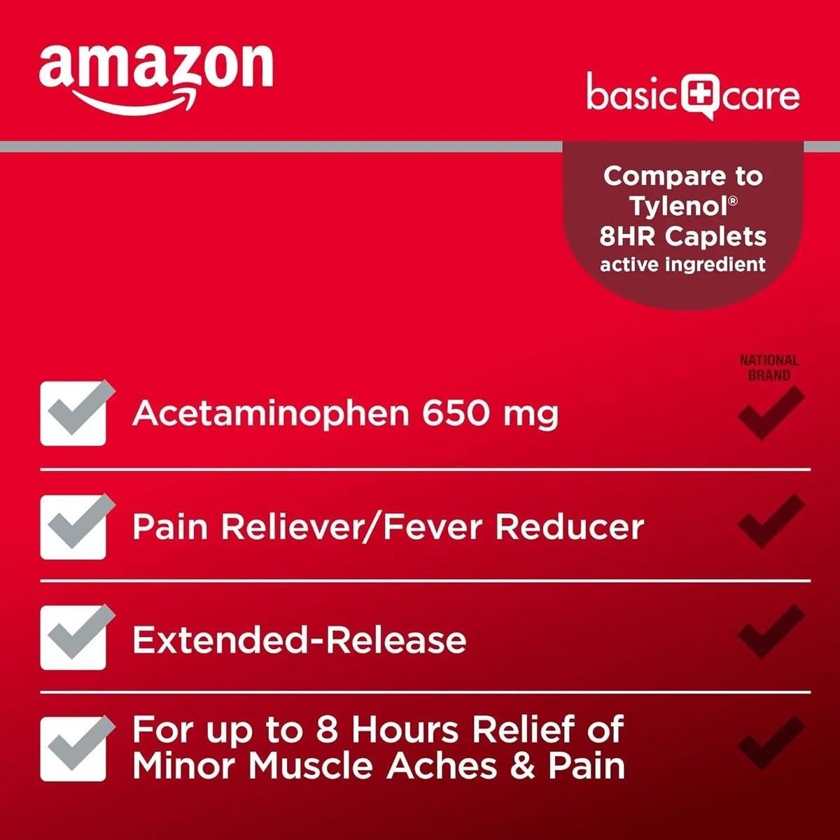 Amazon Basic Care Acetaminophen Extended-Release Tablets, 650 mg, Pain Reliever, Fever Reducer, 8 Hour Relief, 100 Count Amazon Basic Care