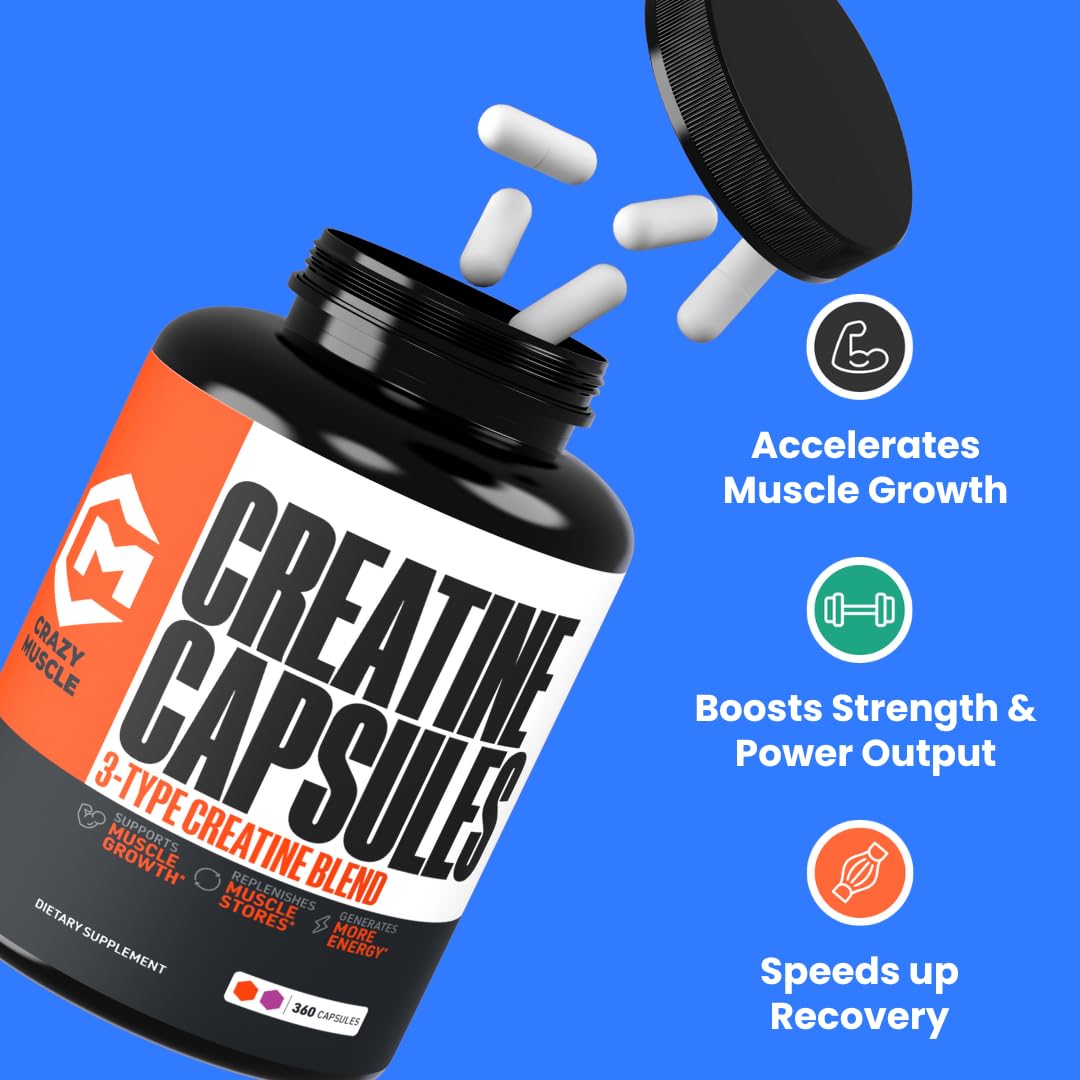 Creatine Capsules, 5g Premium 3X ThreeAtine Pre Workout Bulk Muscle Mass Gainer, High Absorption Easy to Take Creatine Monohydrate Pills Alternative Optimum Performance for Men Women, 180 Capsules Crazy Muscle