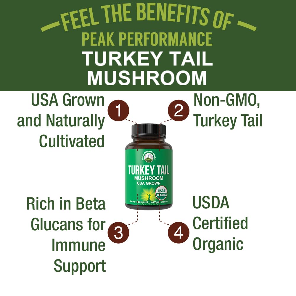 Peak Performance Organic Turkey Tail Capsules - USA Grown Made with Real Turkey Tail Mushroom. Immune System Support Naturally Harvested Mushroom Supplements for Immunity. Vegan Supplement Extract Peak Performance