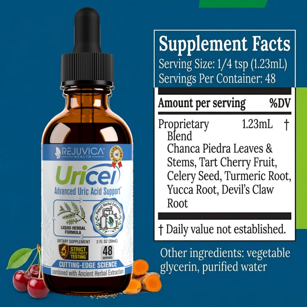 Uricel - Advanced Uric Acid Support & Cleanse Supplement - Liquid Delivery for Better Absorption - Tart Cherry, Chanca Piedra, Celery Seed, Turmeric & More! Rejuvica Health