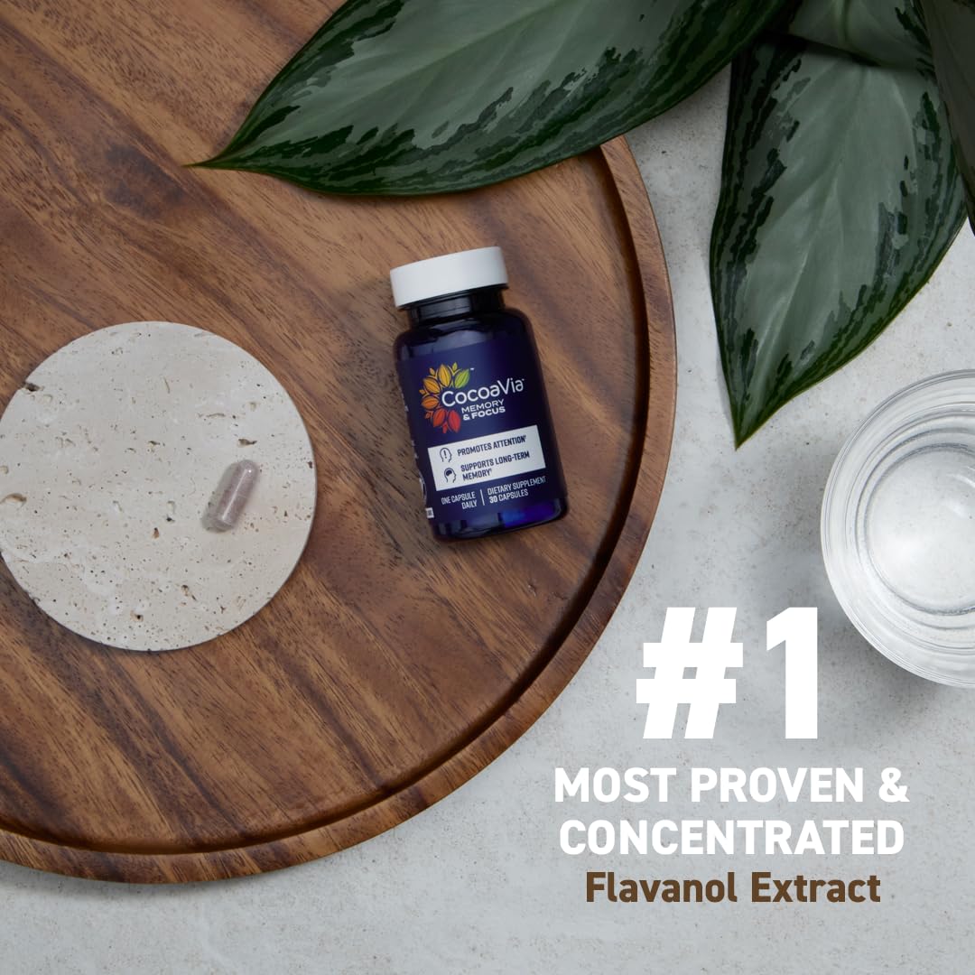 CocoaVia Memory & Focus Brain Supplement, 90 Day, Cocoa Flavanol Blend, Lutein, Added Caffeine for Boost. Improve Cognitive Function, Attention, Vegan & Plant Based, 90 Capsules CocoaVia