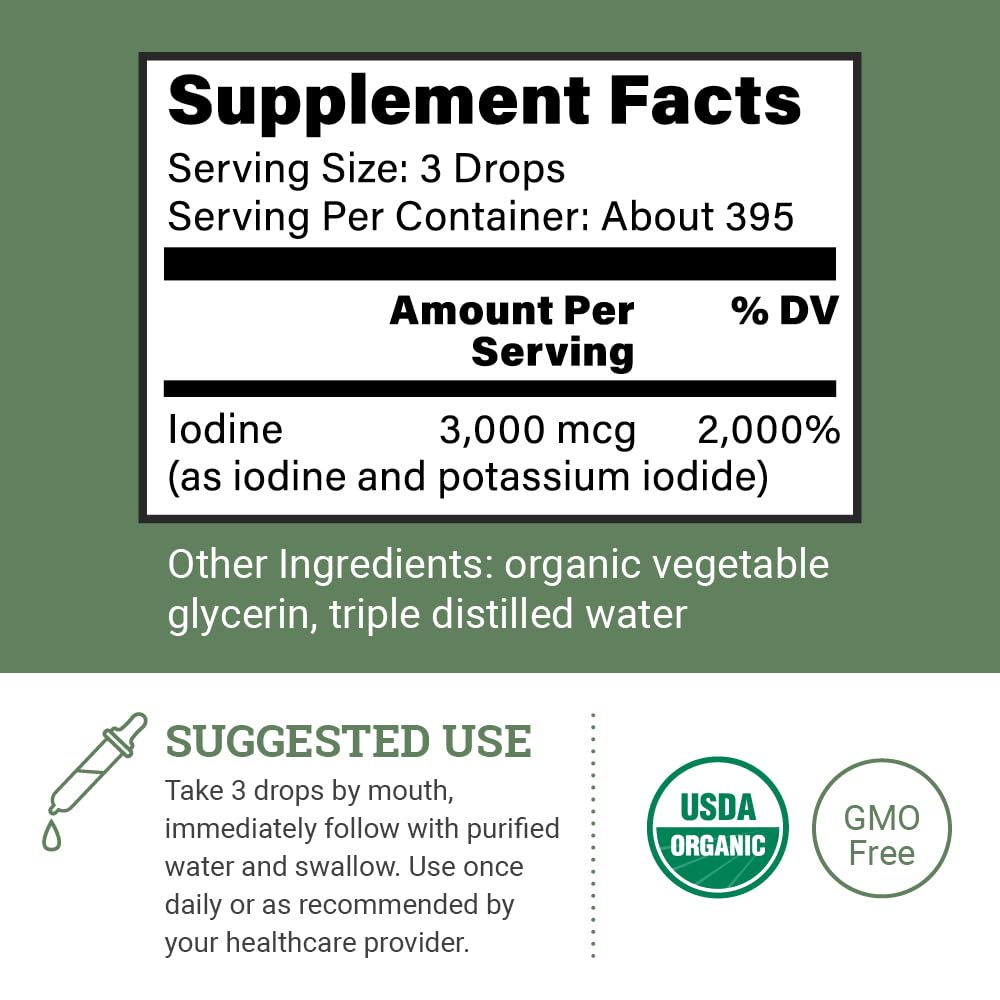 Organic Lugol's Iodine, Iodine and Potassium Iodide 2% Solution 3000 mcg - Liquid Supplement Drops for Thyroid Support for Women & Men, Metabolism Health Earth Harmony Naturals