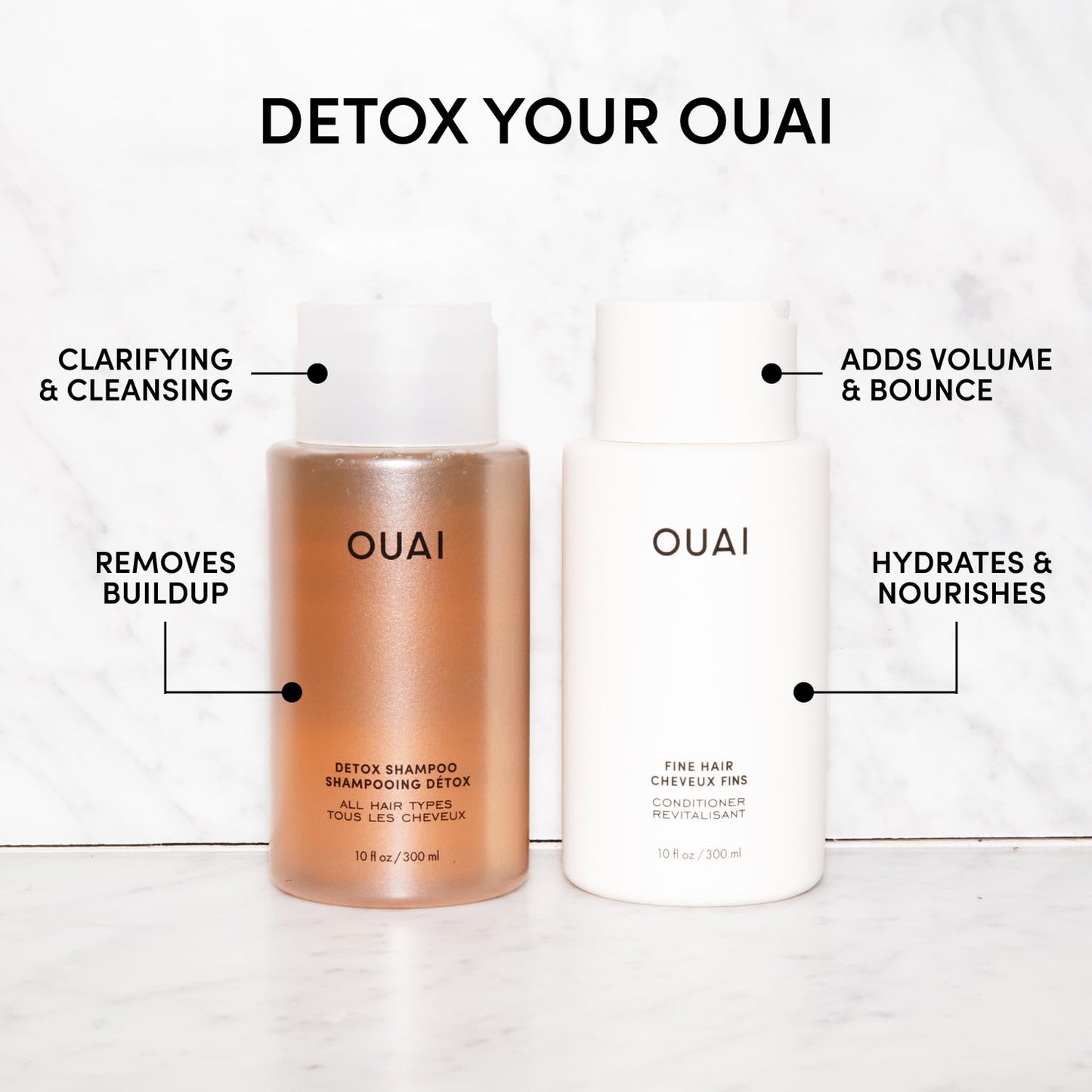 OUAI Detox Shampoo & Fine Hair Conditioner Bundle - Clarifying Shampoo for Build Up, Dirt, Oil, Product and Hard Water & Volumizing Conditioner for Fine Hair (2 Count) OUAI