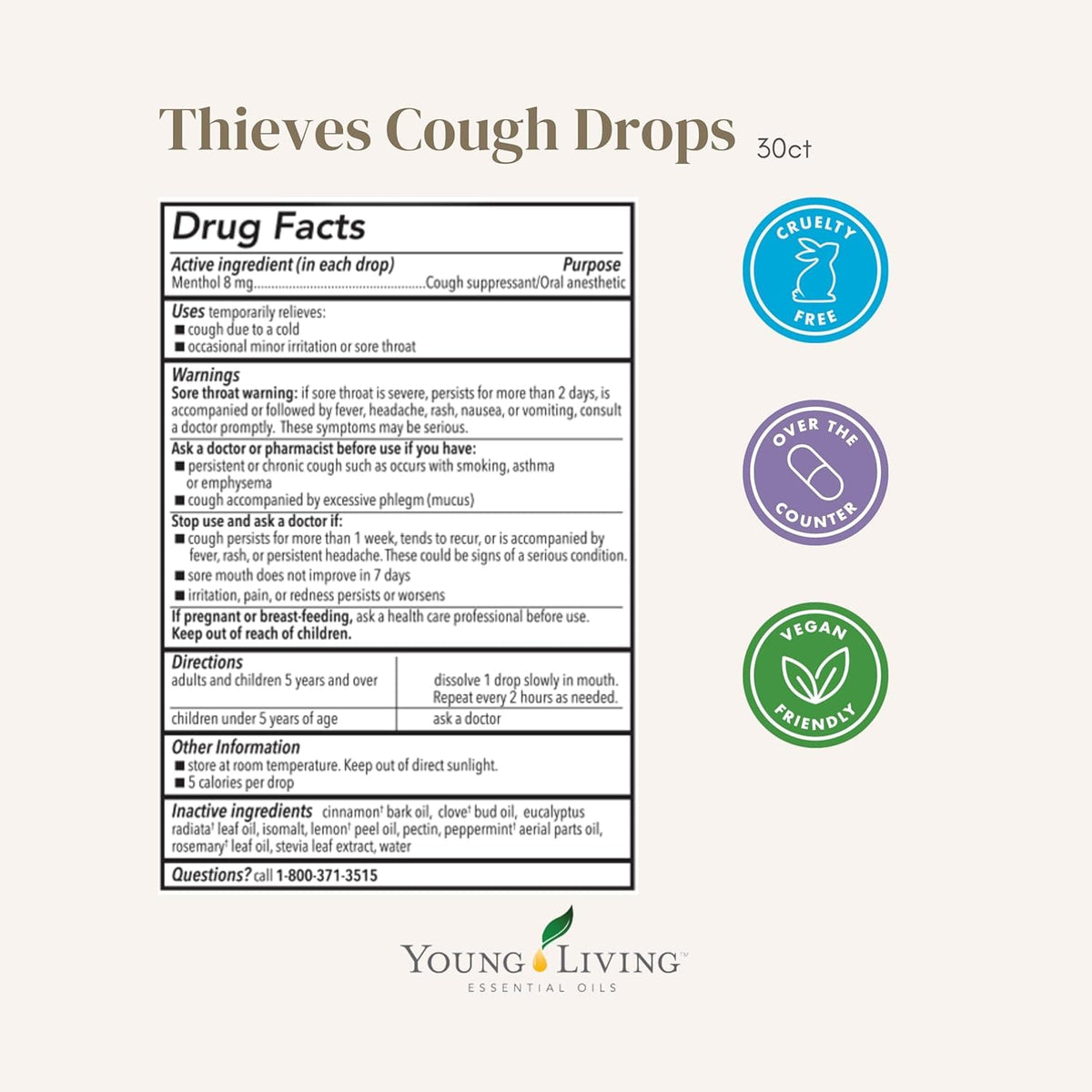 Young Living Thieves Cough Drops | 30 ct | Cinnamon & Menthol Flavor | with Thieves Essential Oil Blend of Lemon, Clove, Eucalyptus, Rosemary, & Peppermint | Sugar Free | Cooling Throat Comfort Young Living
