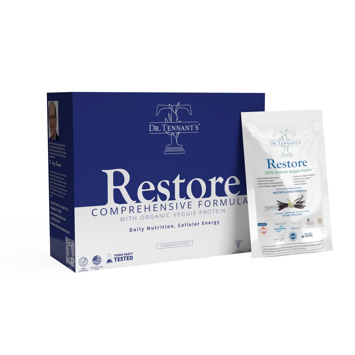 Dr. Tennant's Restore Vanilla Shake | 50+ Methylated Vitamins & Minerals | 23g Vegan Protein | Organic, Gluten-Free | Boosts Energy, Immune & Gut Health | 14-Day All-in-One Supplement Dr. Tennant's