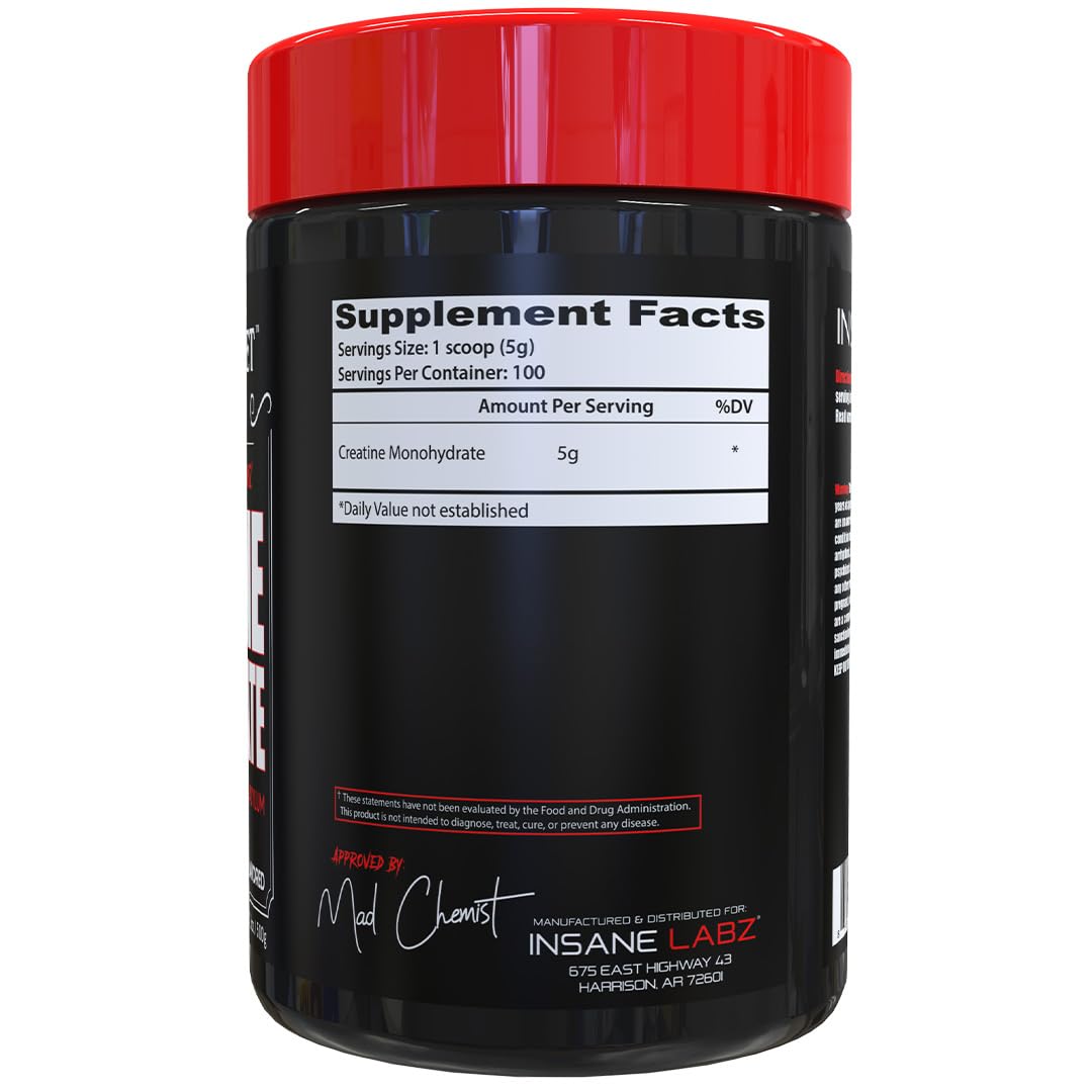 Insane Labz Creatine Monohydrate - Unflavored, Supports Increased Strength, Size and Power, 5g Per Serving, 60 Servings