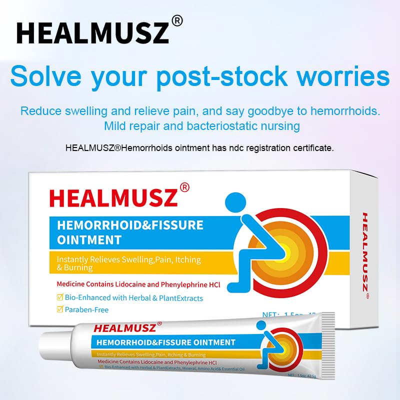 HEALMUSZ Hemorrhoid & Fissure Ointment,with 4% Lidocaine and Phenylephrine HCl,Fast Relief for Pain, Swelling, Discomfort & Itching | 1.5 oz HEALMUSZ