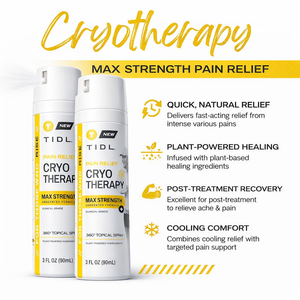 TIDL Cryotherapy Pain Relief Spray, 3 Oz (Pack of 2) Max Strength for Fast-Acting Muscle, Joint & Neck Pain Relief, Plant-Based Menthol & Camphor Pain Reliever, Quick Drying Formula TIDL