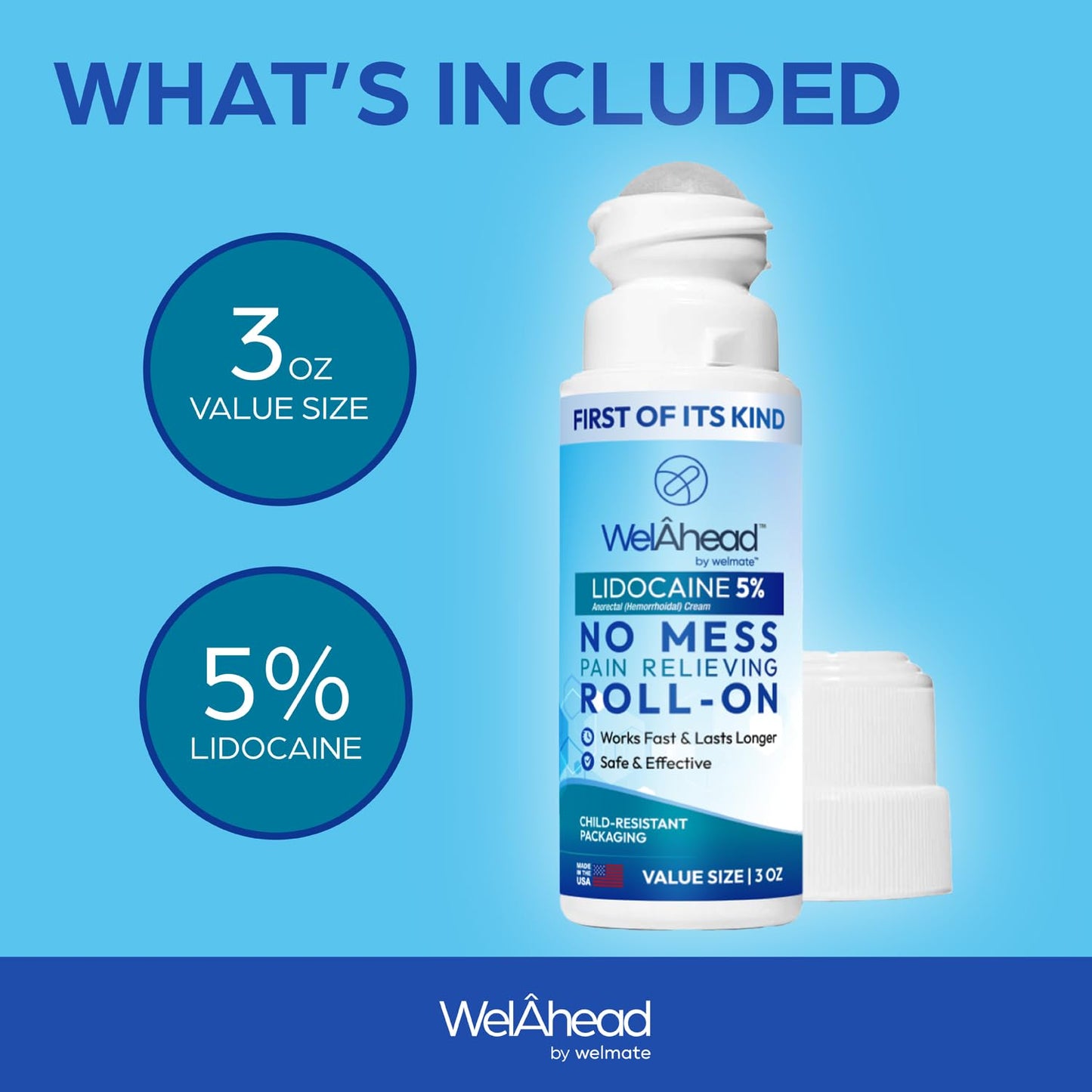 WELMATE - 5% Lidocaine Roll-On (3 oz Value Size) - No Mess Targeted Relief - Topical Anesthetic - Hemorrhoid Relief - Aloe Vera - Fast Acting & Long Lasting - Over-The-Counter Medication - First Aid WELMATE