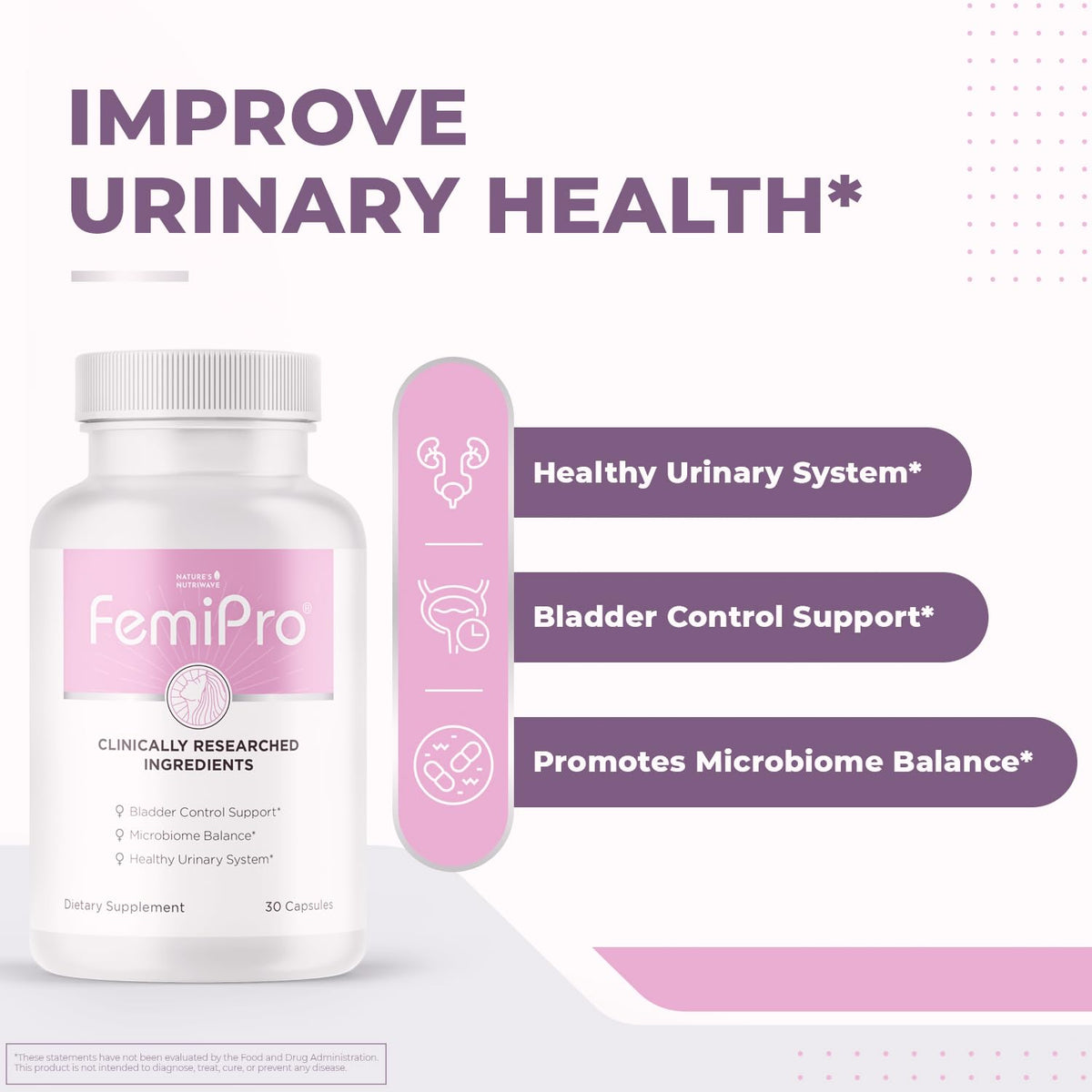 Femipro Bladder Control Supplements for Women & Men, Natural Herb & Probiotic Blend, Supports Urinary Tract Health & Microbiome Balance | Made in USA Non-GMO, 30 Capsules, 1 Month Supply Nature’s NutriWave