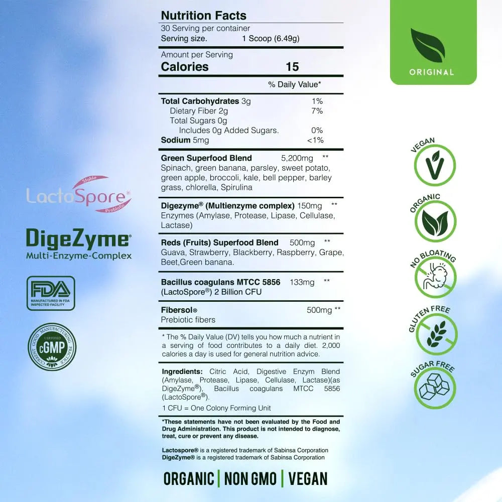 Blossom SuperGreens Probiotics – Digestive Enzymes with Pre/ProBiotics for Bloating Relief – 30+ SuperGreens & SuperReds to Boost Energy –Organic, Gluten-Free, No Fiber, 0g Sugar (Lemon Citrus) BRANIA