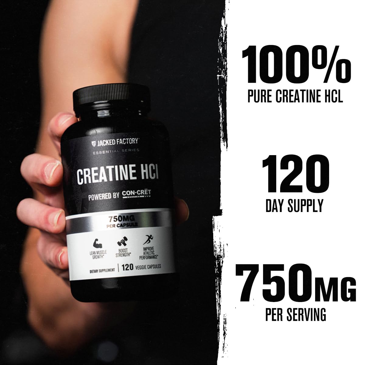 Jacked Factory Creatine HCl Capsules - CON CRET Creatine Pills 750mg - Lean Muscle Growth & Recovery, Boost Strength & Endurance, No Bloating or Cramps - 120 Capsules Jacked Factory