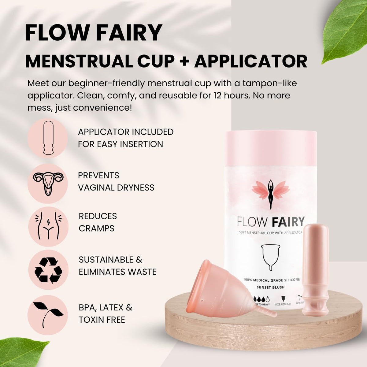 Flow Fairy Reusable Menstrual Cup with Applicator for Easy Insertion- 100% Medical Grade Silicone Period Cup Flow Fairy