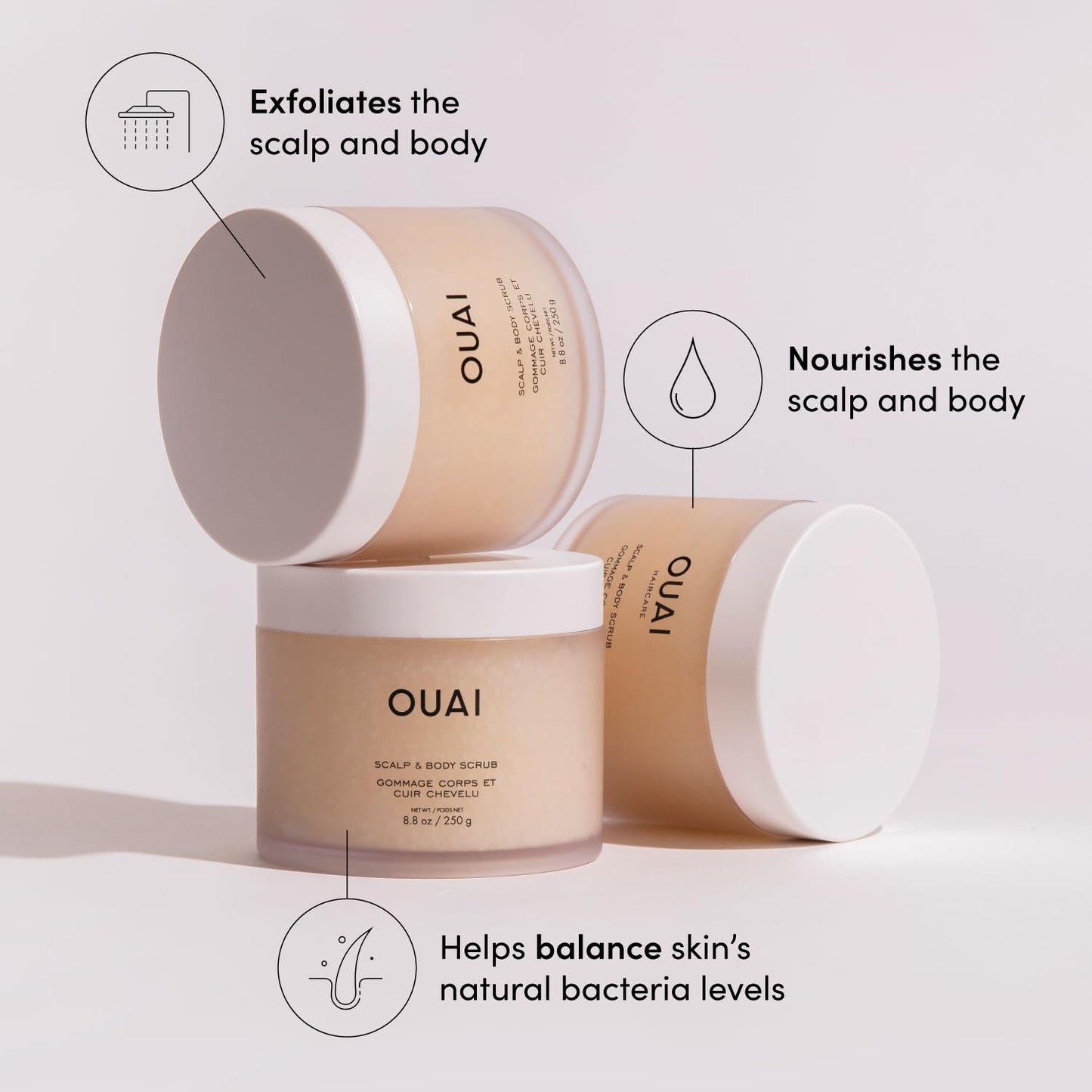 OUAI Scalp & Body Scrub, Melrose Place - Exfoliating Body Scrub with Sugar & Coconut Oil Blend for Smooth, Moisturized Skin - Gentle Scalp Exfoliator for Removing Product Build Up (8.8 Oz) OUAI